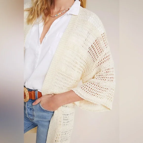 ANTHROPOLOGIE Boho Crochet Open Knit cardigan Sweater Layne Kimono Longline OS - Picture 3 of 10